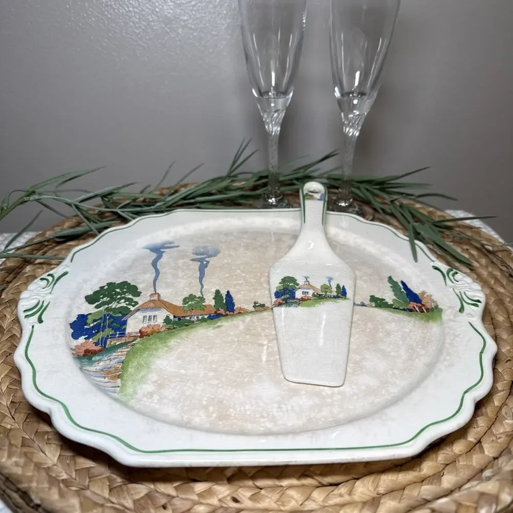 Harker Hotoven Chinawear Pottery Thatched Cottage Platter Cake Plate and Server